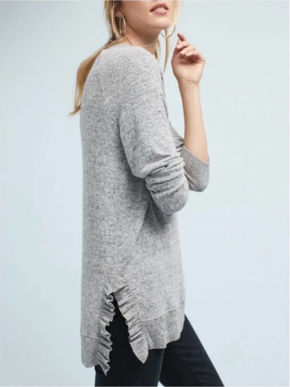 Anthropologie Postmark - Light Gray Ruffle-Hem Women's Sweater - Large